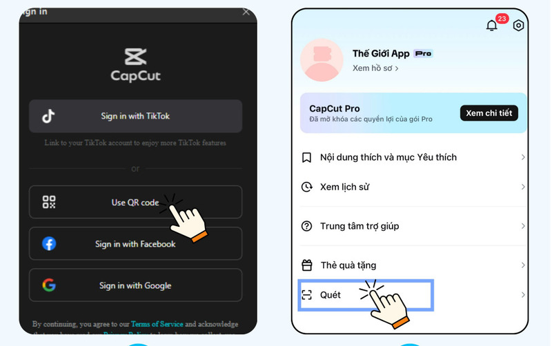 Chọn Quét mã và quét QR code Chọn Quét mã và quét QR code