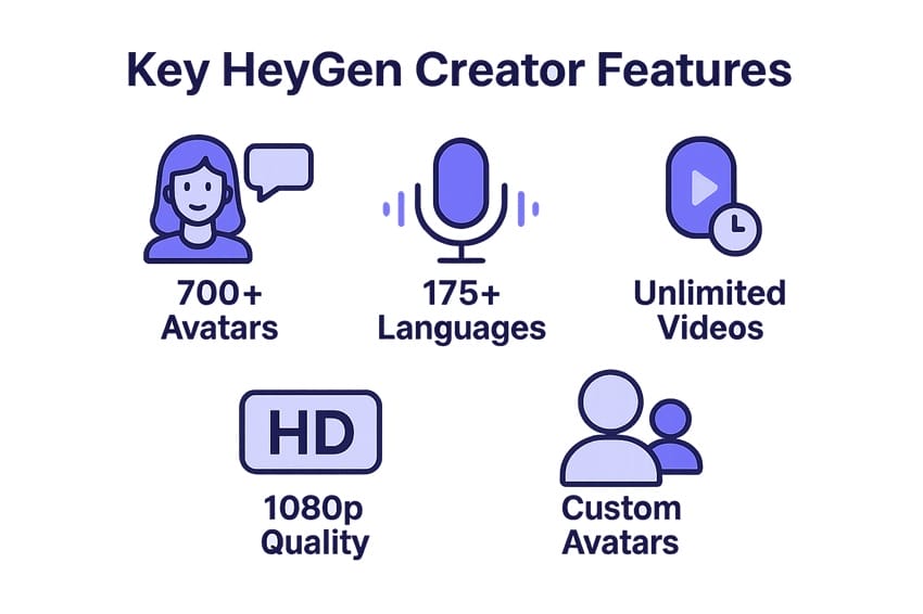 Tính năng nổi bật HeyGen Creator: 700 avatar, 175 ngôn ngữ, video 1080p