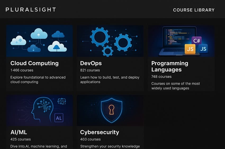Thư viện khóa học đa dạng của Pluralsight Skills bao gồm nhiều lĩnh vực công nghệ