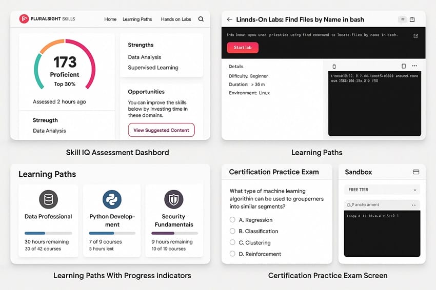 Các tính năng chính của Pluralsight Skills: Đánh giá kỹ năng, lab thực hành và lộ trình học tập