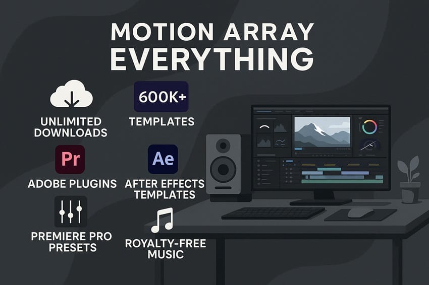 Tính năng Motion Array Everything Tính năng Motion Array Everything: unlimited downloads, Adobe plugins, AI voiceover
