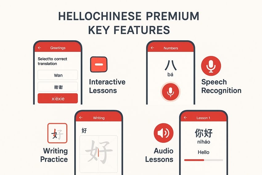 Các tính năng nổi bật của Hello Chinese Premium như bài học tương tác và nhận diện giọng nói