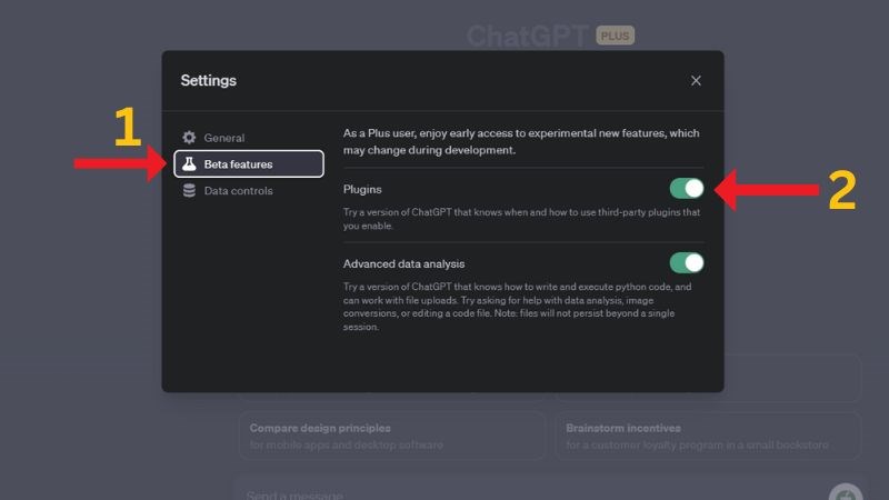 chọn mục Beta features - bật tính năng Plugins chọn mục Beta features - bật tính năng Plugins