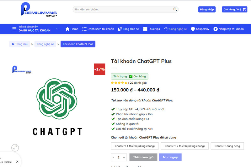 Nâng cấp lên Chatgpt Plus tại Premiumvns Shop để khắc phục tình trạng Chatgpt bị giựt Nâng cấp lên Chatgpt Plus tại Premiumvns Shop để khắc phục tình trạng Chatgpt bị giựt