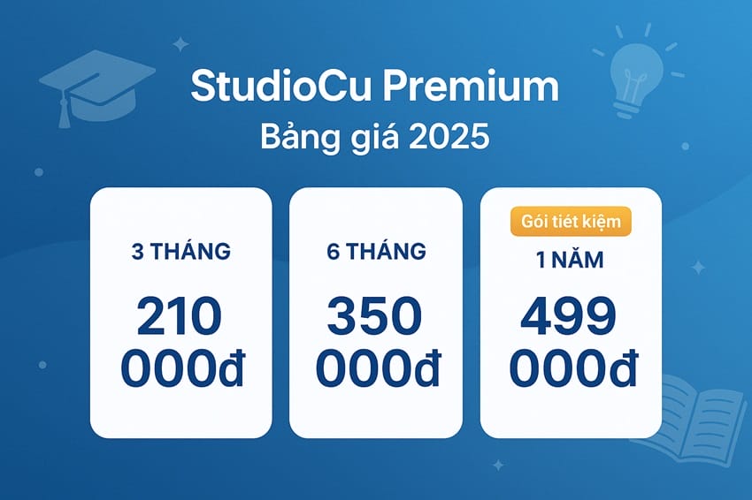 Bảng giá StudoCu Premium chính thức Bảng giá StudoCu Premium 2025 với 3 gói: 3 tháng 210K, 6 tháng 350K, 1 năm 499K