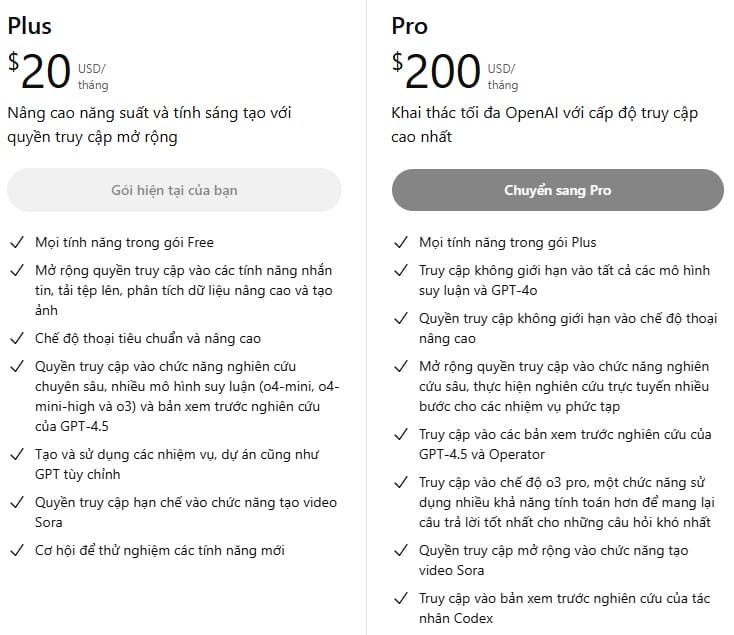 So sánh các gói ChatGPT Free, Plus và Pro để chọn phù hợp nhất Bảng so sánh chi tiết giữa ChatGPT Free, Plus và Pro với các tính năng và giá cả