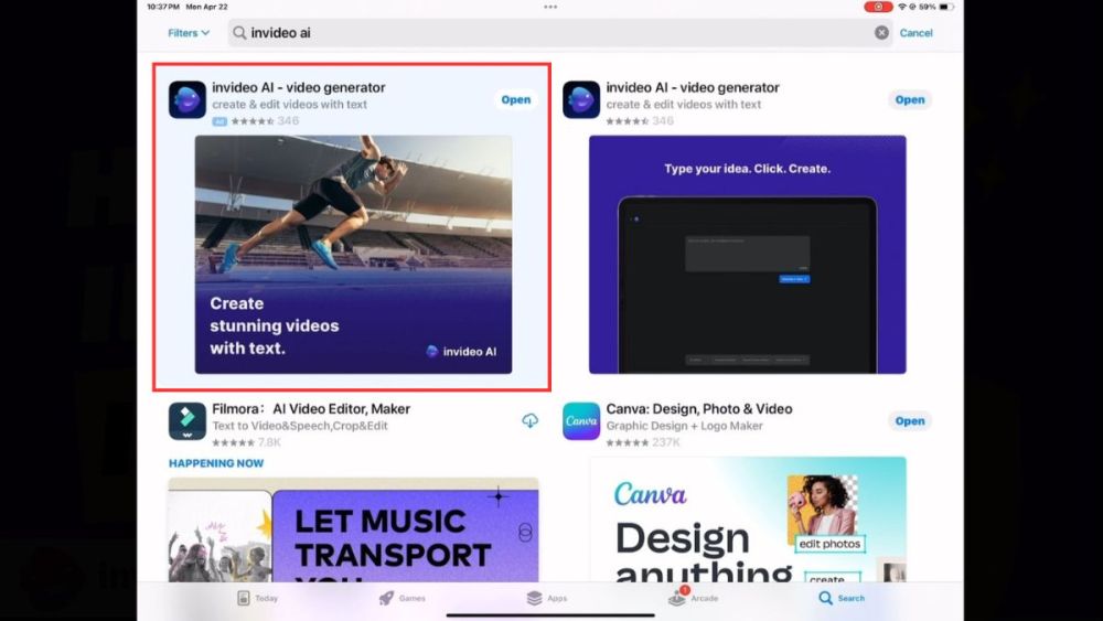 Chọn đúng ứng dụng InVideo AI như được hiển thị trong hình mô tả Chọn đúng ứng dụng InVideo AI như được hiển thị trong hình mô tả
