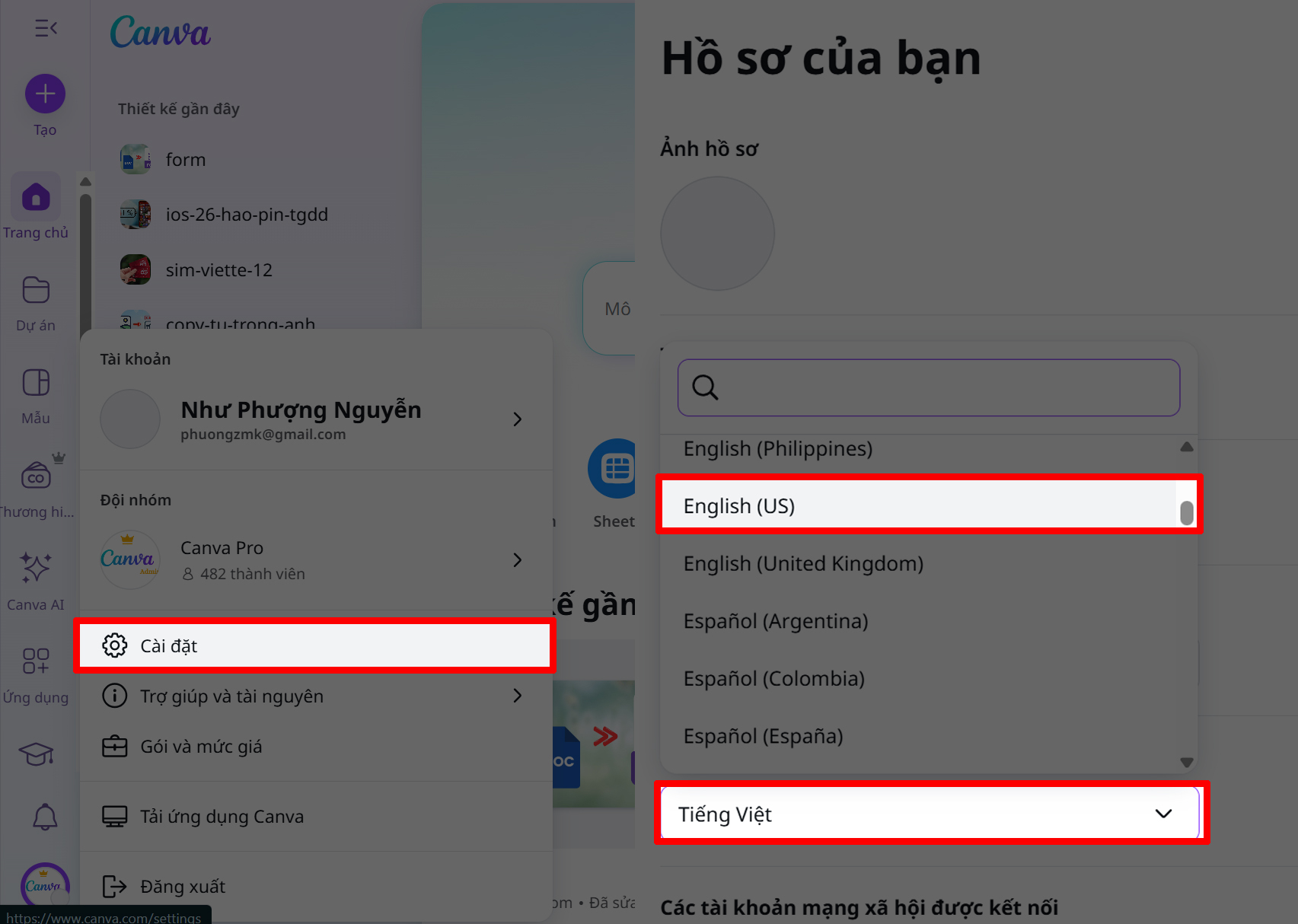 Đầu tiên, bạn chuyển ngôn ngữ Canva sang tiếng Anh Đầu tiên, bạn chuyển ngôn ngữ Canva sang tiếng Anh