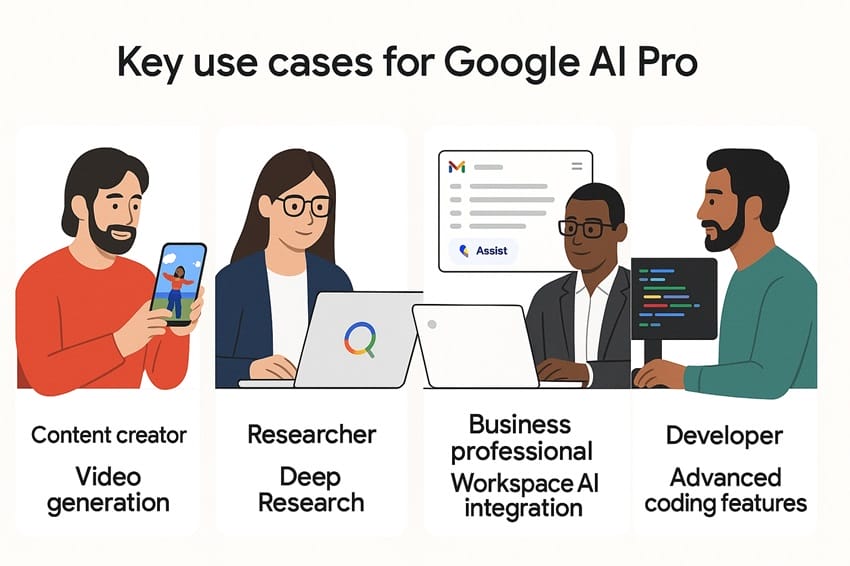 Các đối tượng phù hợp sử dụng Google AI Pro như marketer, nhà nghiên cứu, lập trình viên