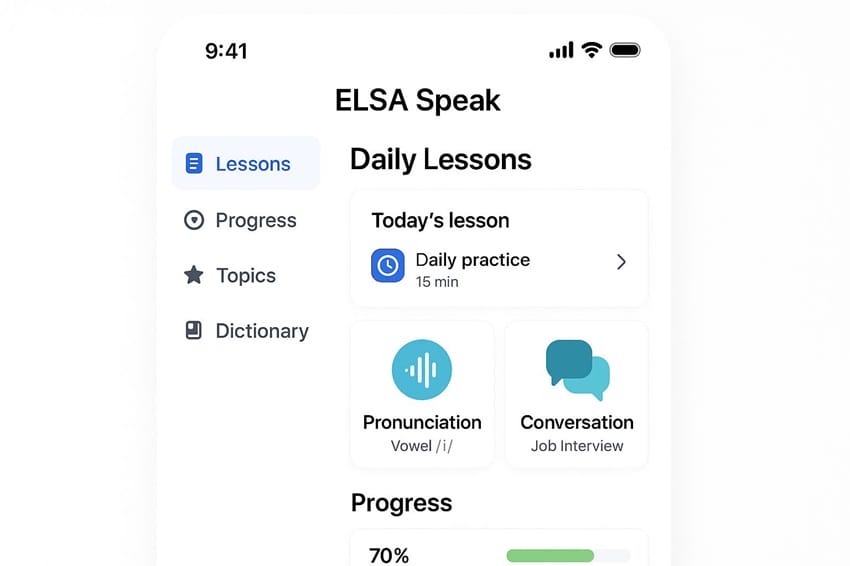 Giao diện trực quan và dễ sử dụng của ELSA Speak Giao diện thân thiện của ứng dụng ELSA Speak với các tính năng chính