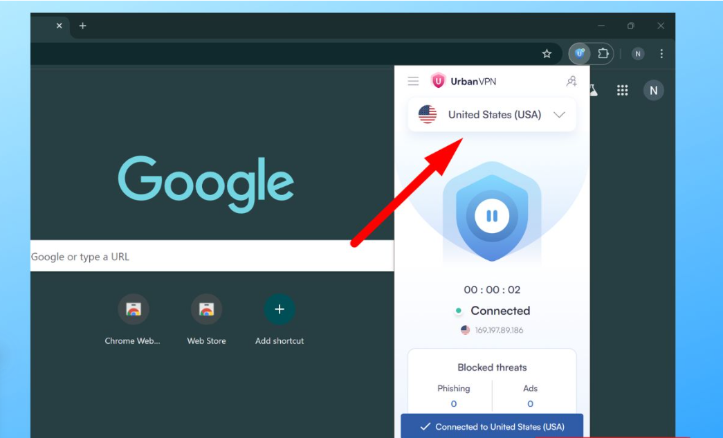 Kết nối VPN – chọn quốc gia là "United States" Kết nối VPN – chọn quốc gia là "United States"