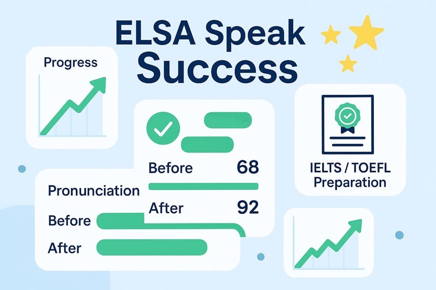 Kết quả học tập ấn tượng với ELSA Speak Biểu đồ thể hiện kết quả cải thiện phát âm và điểm số IELTS/TOEFL