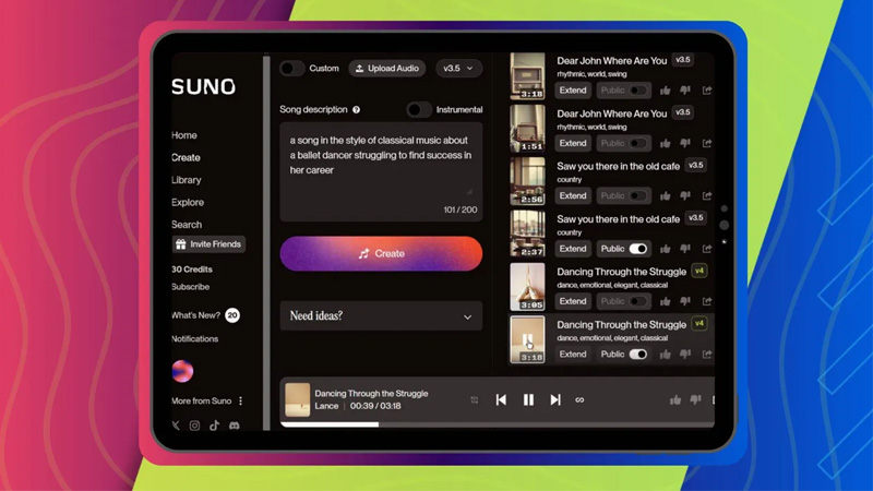 Suno AI sẽ tự động soạn nhạc, tạo lời và phối hợp âm phù hợp Suno AI sẽ tự động soạn nhạc, tạo lời và phối hợp âm phù hợp