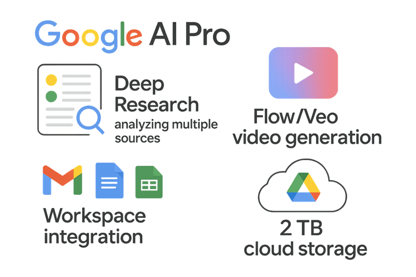 Các tính năng nổi bật của Google AI Pro như Gemini 2.5 Pro, Deep Research và video Flow/Veo