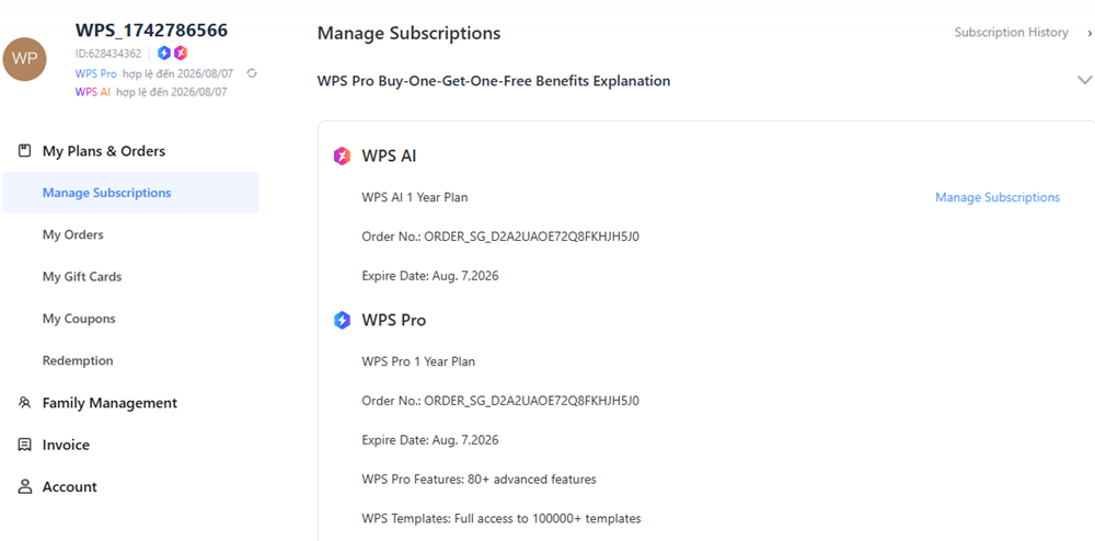 trạng thái gói đăng ký WPS PRO AI thành công