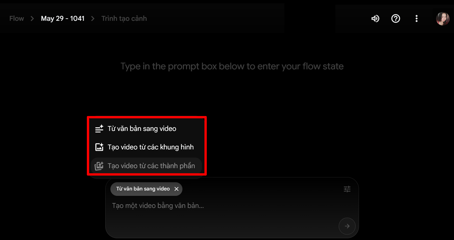 Trong phần giao diện tạo dự án, chọn “Từ văn bản sang video” (Text to Video) Trong phần giao diện tạo dự án, chọn “Từ văn bản sang video” (Text to Video)