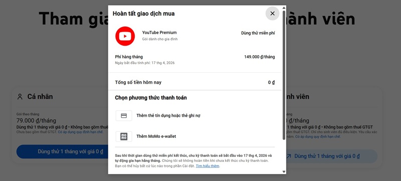 Youtube Premium Family: Tính năng nổi bật, giá ưu đãi và cách đăng ký đơn giản 16 Bước 5: Chọn phương thức thanh toán