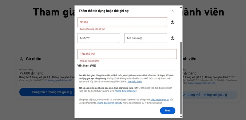 Youtube Premium Family: Tính năng nổi bật, giá ưu đãi và cách đăng ký đơn giản 17 Điền đầy đủ thông tin thanh toán