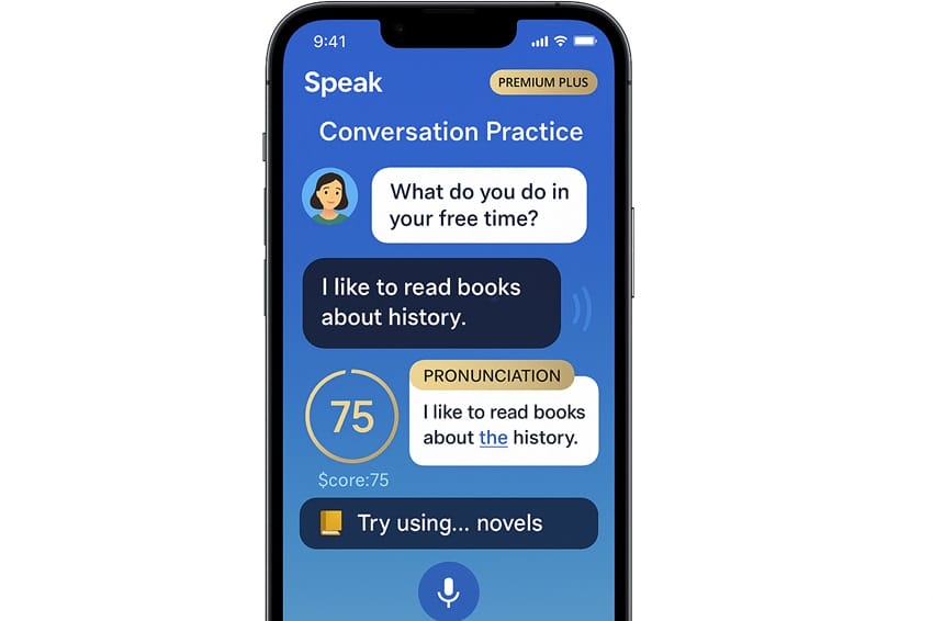 Giao diện AI Tutor trong Speak Premium Plus với phản hồi phát âm chi tiết