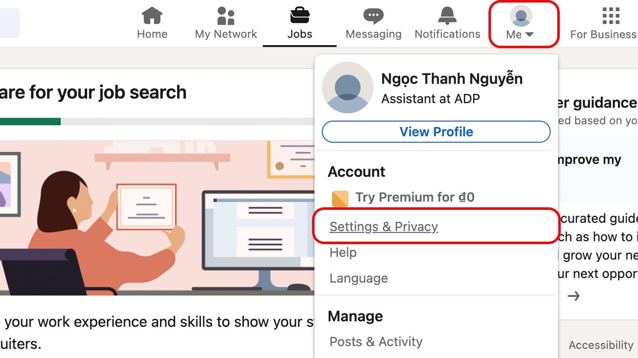 Hướng dẫn cách xóa tài khoản trên Linkedin chi tiết A tới Z 2 Bạn chọn Settings & Privacy