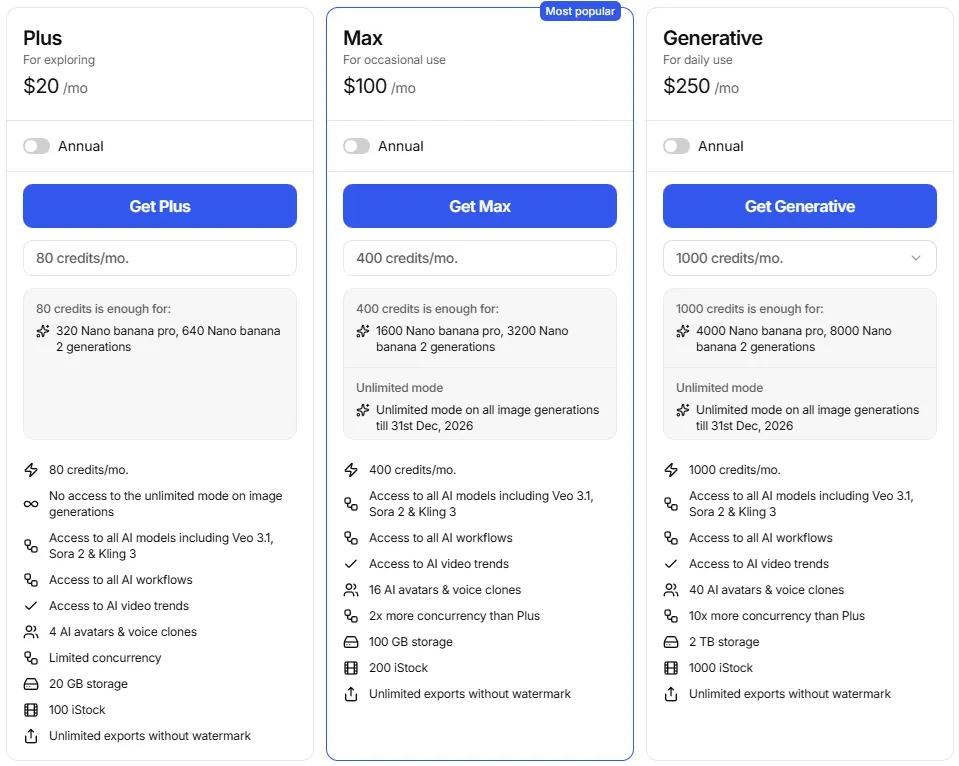 Tài khoản Invideo AI 3 Bảng giá gốc invideo AI tại trang pricing