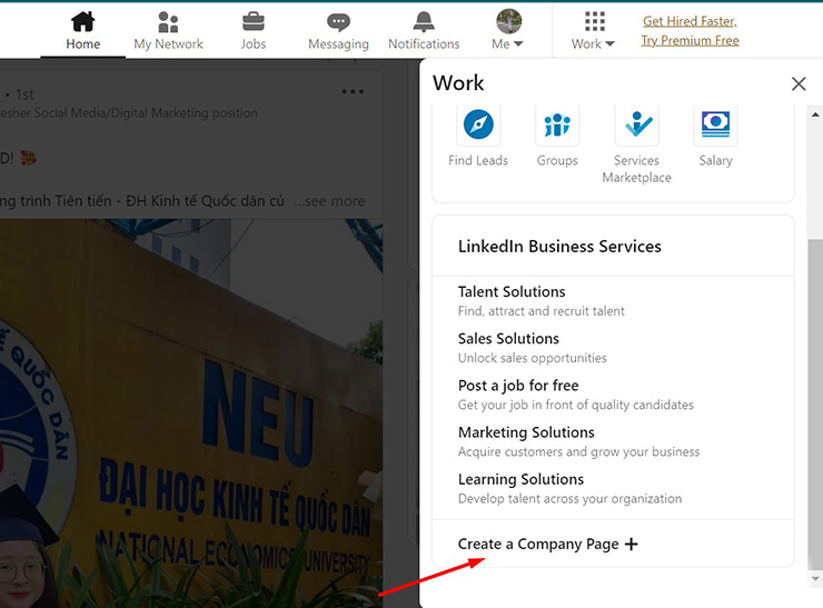 Chọn "Create a Company Page" để bắt đầu tạo Chọn "Create a Company Page" để bắt đầu tạo