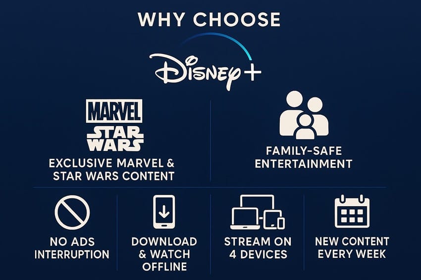 Tài khoản Disney Plus 3 Lý do chọn Disney Plus: Nội dung độc quyền Marvel & Star Wars, Family-Safe, No Ads, Offline Download