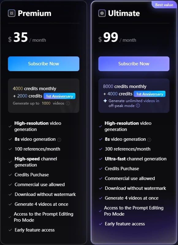 Tài khoản Vidu AI Premium 3 Bảng so sánh giá các gói Vidu AI Premium và Ultimate