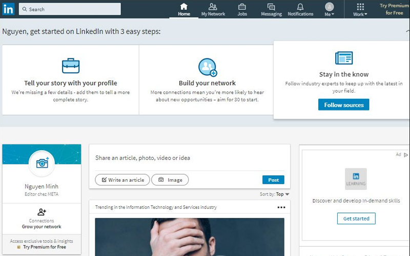 Giao diện chính của LinkedIn Giao diện chính của LinkedIn