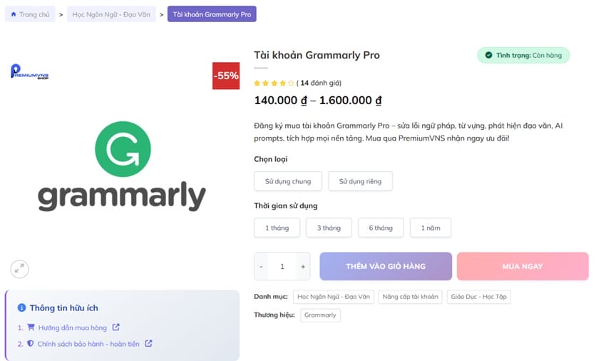 Hướng dẫn mua và sử dụng Grammarly Pro Giao diện mua grammarly tại PremiumVNS
