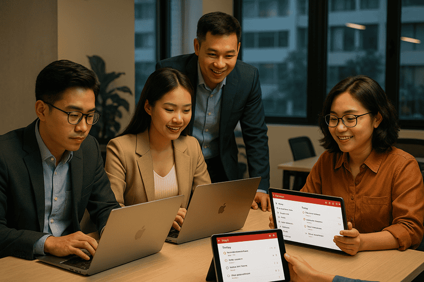 Nhóm làm việc chuyên nghiệp sử dụng Todoist trong môi trường văn phòng hiện đại