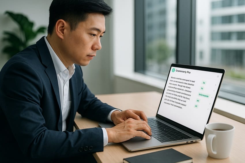 Trải nghiệm sử dụng Grammarly Pro trong công việc thực tế Người viết chuyên nghiệp sử dụng Grammarly Pro trên máy tính xách tay