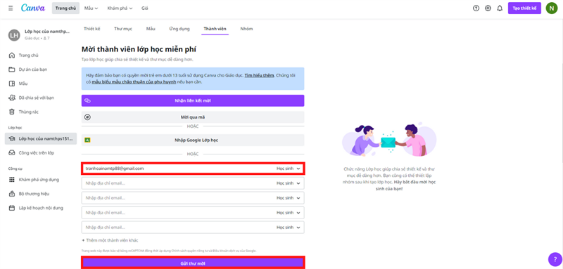Nhấn gửi thư mời trong Canva Nhấn gửi thư mời trong Canva