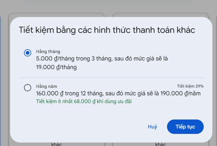 Chọn hình thức gói thanh toán 
