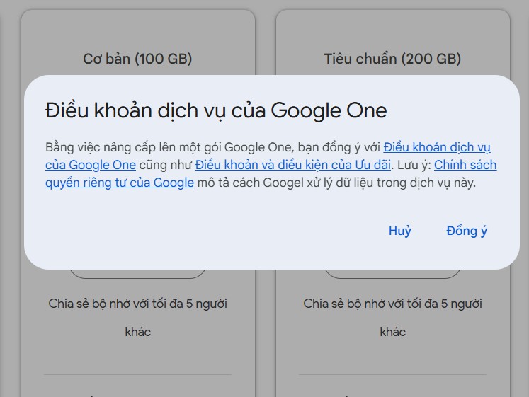 Chọn " Đồng ý" với điều khoản dịch vụ của One Google
