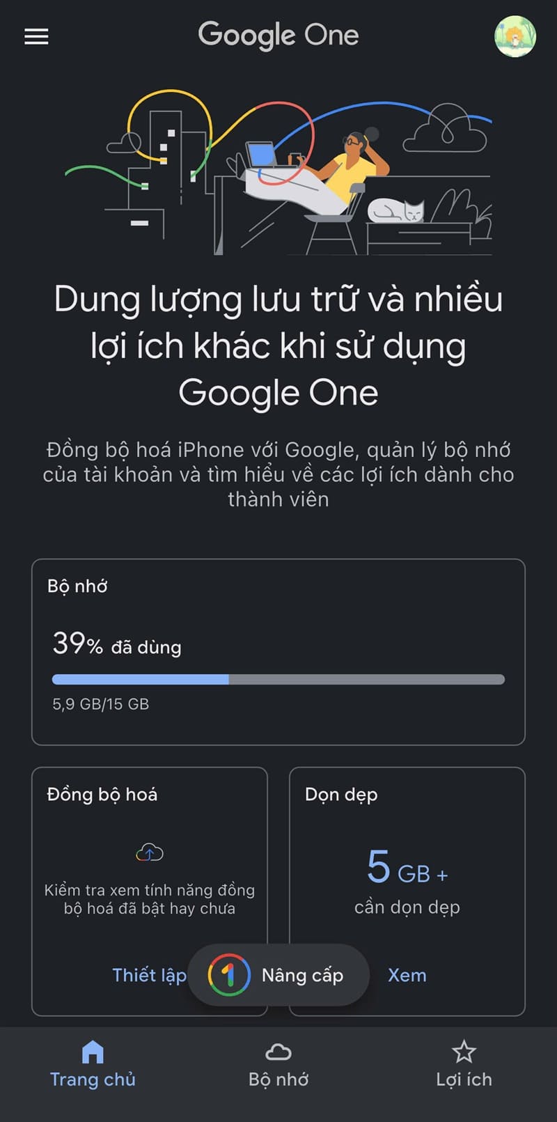 Chọn "nâng cấp" trên ứng dụng Google One
