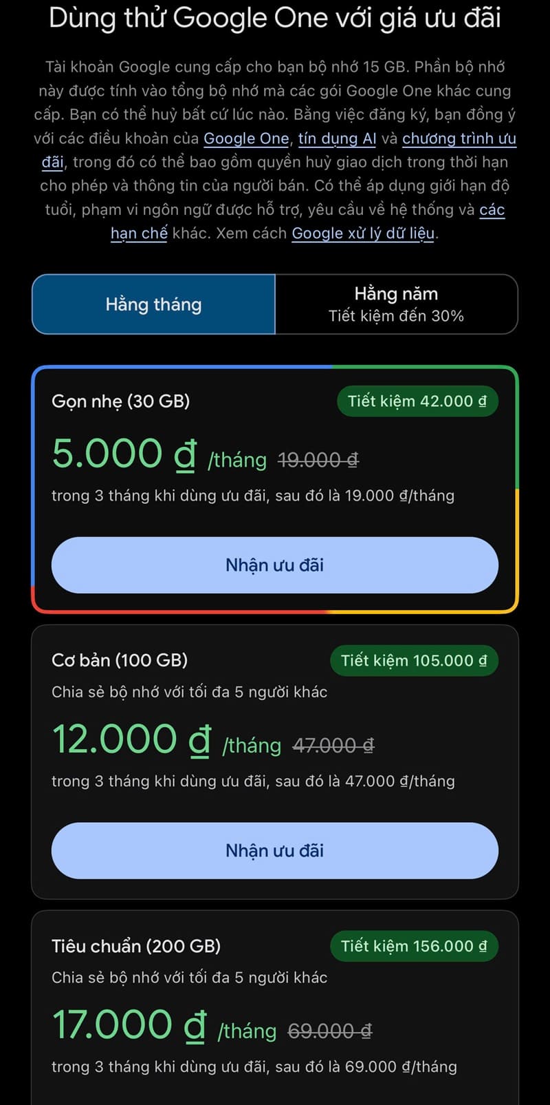 Chọn "Nhận ưu đãi" của gói dung lượng Google One phù hợp