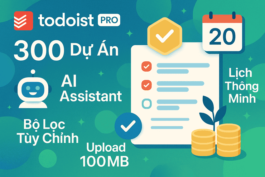 Showcase tính năng premium của Todoist Pro: 300 dự án, AI Assistant, lịch thông minh