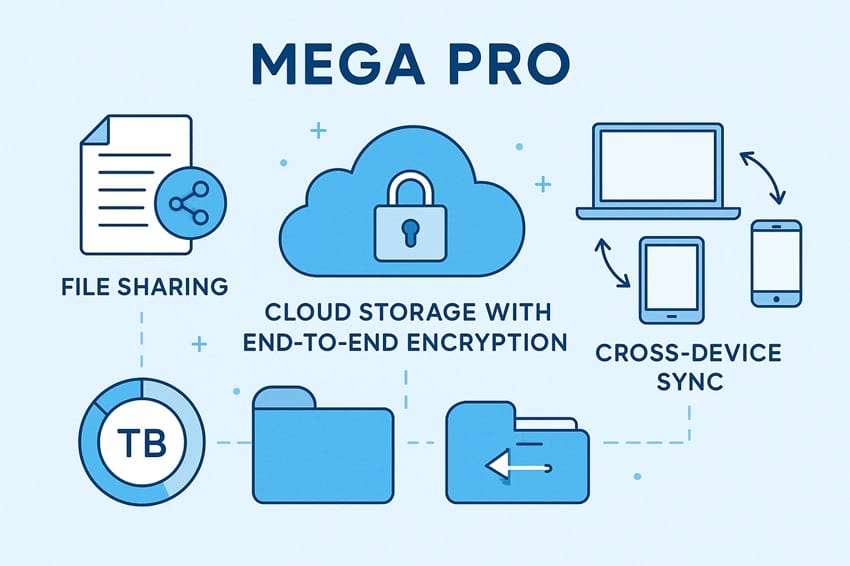 Các tính năng chính của Mega Pro Tính năng nổi bật của Mega Pro với mã hóa end-to-end và chia sẻ file an toàn