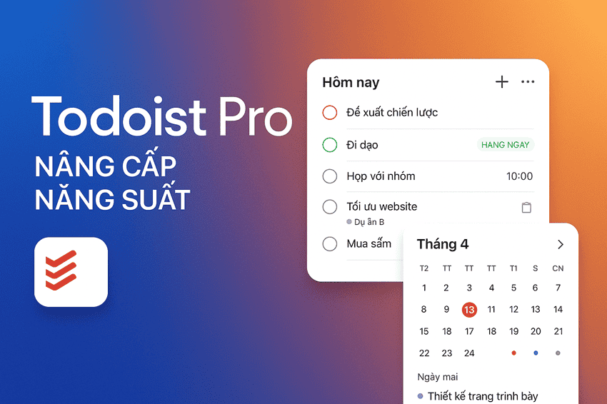 Banner dịch vụ Todoist Pro giá rẻ với giao diện ứng dụng và text tiếng Việt