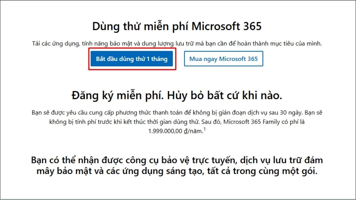 Chọn "Bắt đầu dùng thử 1 tháng" Office 365 Chọn "Bắt đầu dùng thử 1 tháng" Office 365