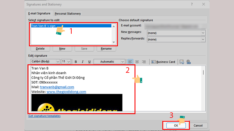 Chọn chữ ký bạn muốn thay đổi trên Outlook Chọn chữ ký bạn muốn thay đổi trên Outlook