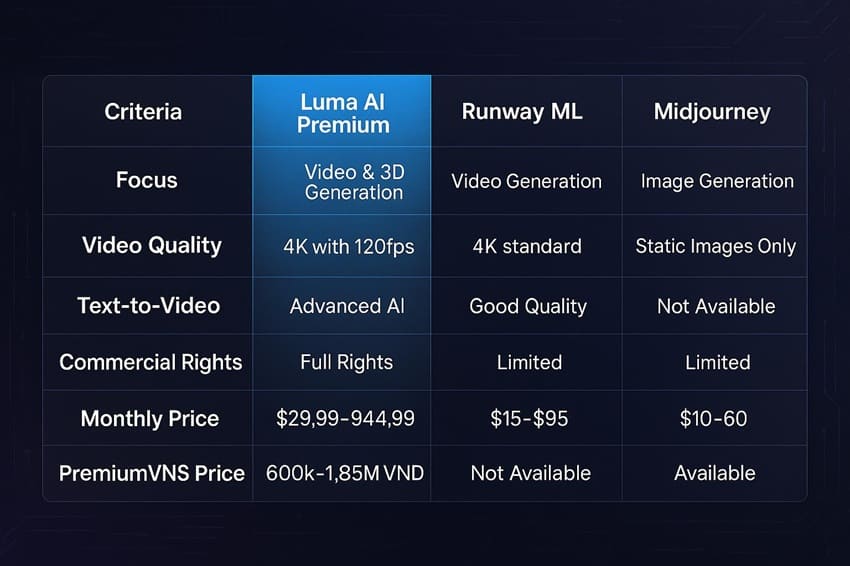 Bảng so sánh Luma AI Premium vs Runway ML vs Midjourney về tạo video AI, chất lượng 4K và quyền thương mại