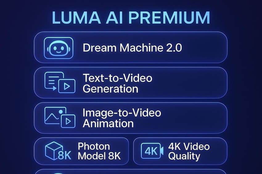 tính năng Luma AI Premium: Dream Machine 2.0, Text-to-Video, Image Animation, Photon Model 8K