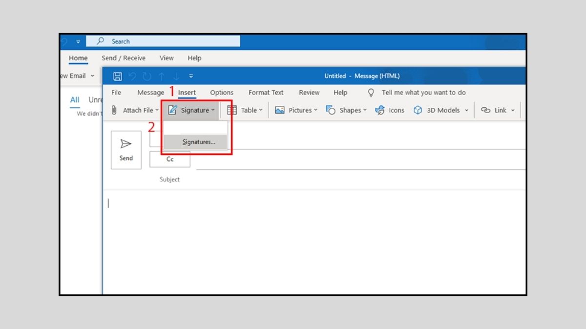 Tab Message → bấm vào mục Signature Outlook Tab Message → bấm vào mục Signature Outlook
