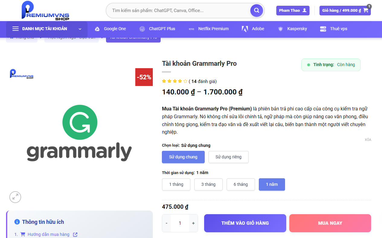 Hướng dẫn mua tài khoản Grammarly Pro bước 2