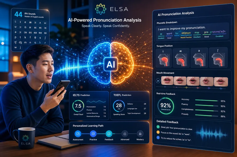 Công nghệ AI của ELSA Speak phân tích phát âm chi tiết với biểu đồ IPA, vị trí lưỡi và phản hồi thời gian thực
