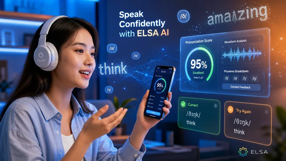 Giao diện ứng dụng ELSA Speak với công nghệ AI phân tích phát âm tiếng Anh, hiển thị điểm số 95% và sóng âm thanh màu xanh cam