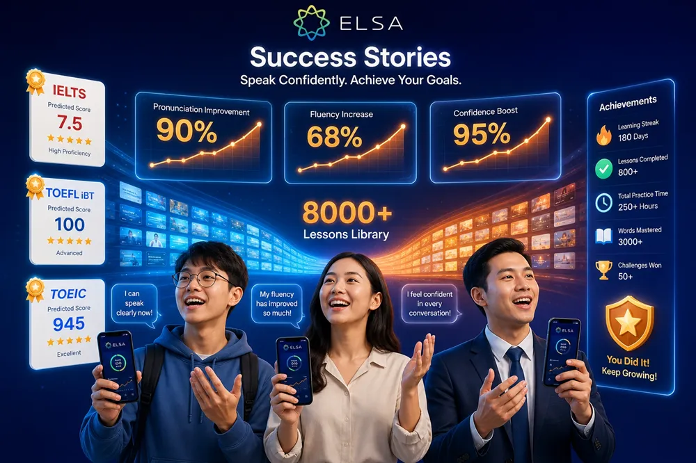 Kết quả học tập ấn tượng với ELSA Speak: 90% cải thiện phát âm, 68% tăng độ lưu loát, chuẩn bị thi IELTS TOEFL TOEIC