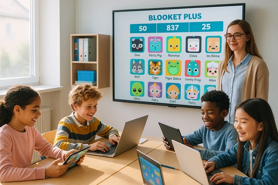 Phân Tích Dữ Liệu Học Sinh Với Blooket Plus Một giáo viên đang xem báo cáo phân tích chi tiết trên máy tính bảng sau khi mua tài khoản Blooket Plus